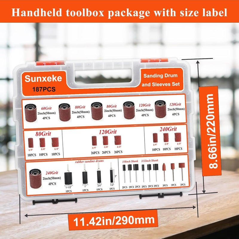 Sunxeke 187-Piece Sanding Drum Kit for Drill & Drill Press – Includes 2inch Spindle Sander Sleeves (60/80/120/240 Grit), 4 Rubber Sanding Drums, 1/4-Inch Shank,Versatile Sander Accessory with Box - Image 4